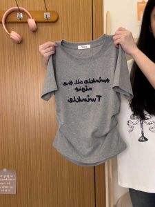 Slim Fit Cotton Lychee Pattern Embroidered Short Sleeve T-shirt for Women Japanese Style Mid Waist Short Length Tops New Arrival