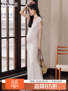 ชุดเดรสยาวผ้าทิชั่นฤดูร้อนสำหรับคุณแม่เอวสูงคอวีปกเรขาคณิตคอกลมแขนสั้น