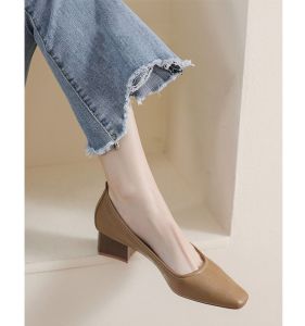 Spring Autumn High Heels Soft Leather Mary Janes Square Head Thick Heel Professional Fashion Single Shoes Korean Style Flats
