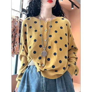 QINGNAER | Color-blocked Dots Knit Cardigan
