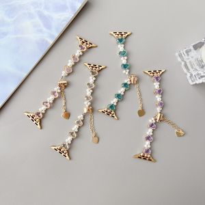Ultra Crystal Heart Pearl Bracelet Watch Band S10987654321SE Compatible with Apple Watch Stainless Alloy Diamond Embedded
