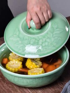 Large Ceramic Porcelain Soup Bowl with Lid Chinese Style Vegetarian Fish Bowl Plant Floral Pattern Retro Style for Everyone