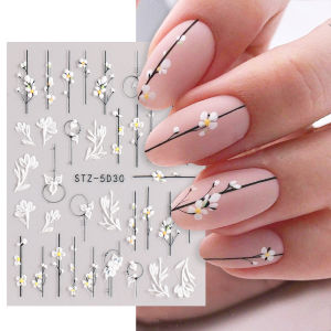5D Simple Flowers Nail Embossed Stickers Elegant Wedding Design Adhesive Sliders Floral Textured Engraved Decoration Supplies