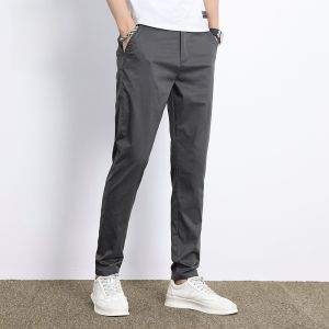 ROMON | Lormen Mens Casual Pants Summer Thin Khaki Business West Pants Trendy Straight Leg Slimming Ice Silk Long Pants Fashionable Urban Style