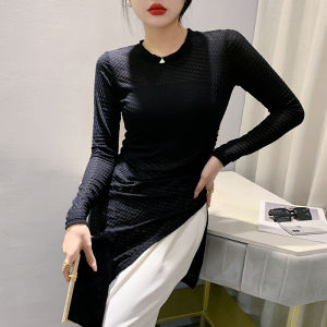 REHIN เสื้อยืดแขนยาวสีสีดำล้วนธรรมดาสำหรับผู้หญิงเสื้อยาวปานกลางชายเสื้อไม่สมมาตรเข้ารูปพอดีแฟชั่นฤดูใบไม้ร่วง (M-XXL)