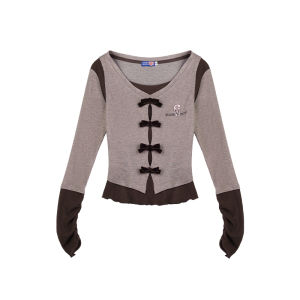 Estherbunny Collaborative Butterfly Knot Thin Knitted Womens Slim Fit 2024 Color Block Slimming Sweet College Style Long Sleeve