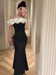 ชุดราตรีทรงเข้ารูปสีดำ ไหล่เดียว กระโปรงหางปลา ชุดแต่งงาน ชุดกันเหล้า ชุดนางฟ้า ชุดราตรีสุดหรู ฤดูร้อน 2024 ผ้าโพลีเอสเตอร์