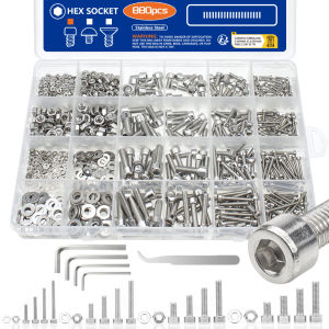 880pcs Stainless Steel Hex Socket Nut & Bolt Set Durable M2 M3 M4 M5 Sizes Includes Flat Washer for Secure Fastening DIY Project