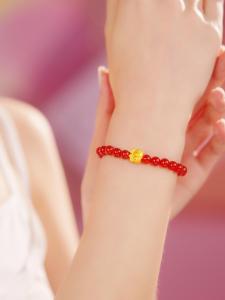 ZHOU LIU FU 周六福 24K Solid Gold Charm Bracelets Horse Zodiac Agate Beads Stretch Bracelet Healing Jewelry for Women Mom Lover Birthday Anniversary 17CM A1915770