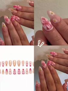 Medium fake nails for women girls Nude pink yellow almond nail tips with 3D flowers fruit design full cover press on false nail