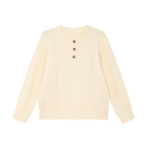 NIHAOKANONG | Áo Sweater Cable Knit Cổ Henry Vintage Đỏng Đào