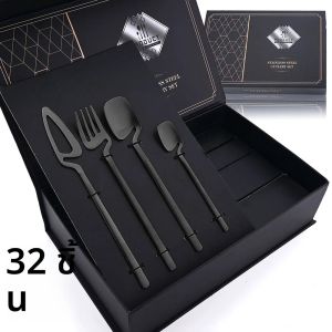 32pcs Black Matte ชุดช้อนส้อม 304 สแตนเลสสตีลชุดอาหารเย็นมีดช้อนส้อมชุดอาหารค่ําบาร์ปาร์ตี้บนโต๊ะอาหารของขวัญ