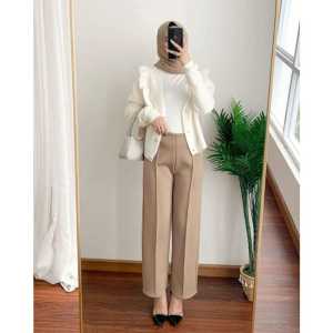 Celana Kulot Highwaist Wanita Kekinian Bahan Scuba Resleting Depan