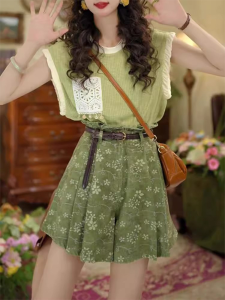 Shalldoer | Retro Forest System Summer New Arrival Sleeveless T-Shirt High Waist Skirt Pants Two-Piece Set Elegant Quality Short Sleeve Round Neck