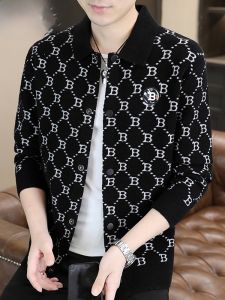 HENGYUANXIANG | Spring Autumn Mens Knitted Open Cardigan Casual Striped Collar Jacket Top High End Fashionable Youth Active Style Long Sleeve