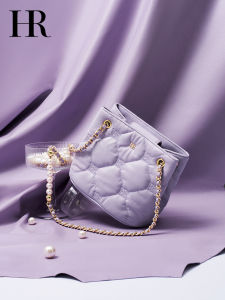 กระเป๋าสะพายไหล่ผู้หญิงหนังแท้ HR กระเป๋าทรงถังทรงกลมแบบมีโซ่ไข่มุก กระเป๋าสะพายไหล่แบบมีซิป กระเป๋าสะพายประจำวัน