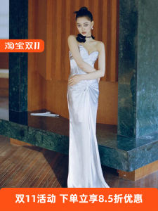 ชุดราตรีเอวกลาง แขนกุด ผ้าฝ้ายผสมสีพื้น กระโปรงทรงหางปลา ชุดแต่งงาน ชุดกันหนาว ชุดน้ำหนักเบา ชุดเยาวชน