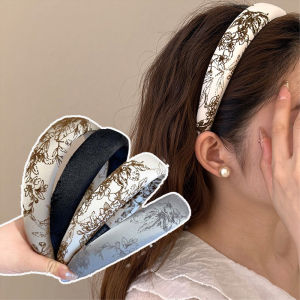 Zy Fashion Retro Ink Painting Wide Brimmed Headband for Women Elegant Temperament Sponge Hair Band Fashionable Girl Face Wash Headband