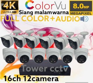 PAKET CCTV 16 CHANNEL 10 KAMERA 8MP COLORVU AUDIO ULTRA HD 4K FULL COLOR SIANG MALAM