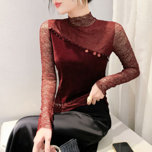 YIMEI เสื้อซับในกำมะหยี่แขนยาวกึ่งสูงสำหรับฤดูใบไม้ร่วง2024เสื้อซับในกำมะหยี่แขนยาวลูกไม้ติดเล็บเสื้อยืดลูกปัดแฟชั่นของผู้หญิงเข้ารูปพอดีฉบับภาษาเกาหลีสีตัดกัน