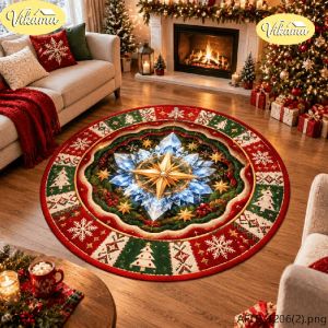 VIKAMA Christmas Round Rug Hot Cocoa Cup Candy Cane Cream Area Rug Living Room Holiday Home Decor Aesthetic Art Large Premium