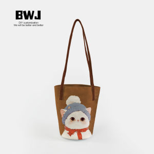 Original Design Cat Oil Painting Bucket Shoulder Canvas Bag Large Capacity Portable Commuting Storage Bag Soft Cute Healing Style