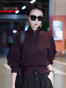 Fashion Korean Style Casual High Neck Half Zip Long Sleeve Purple Plus Size Womens Blouse