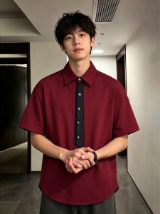 OUMULONG | Burgundy Ice Silk Short Sleeve Quick-Drying Shirt