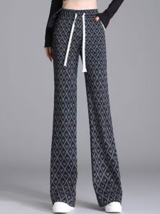 High Waist Knitted Plaid Wide Leg Pants Womens Drapey Elastic Waist Casual Flared Floor Length Trousers Fashion Versatile