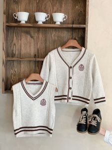Childrens Knitted Sweater Cardigan Autumn New Style Coed Baby Vest Soft Processed Korean Style A-Class Safety No Hat