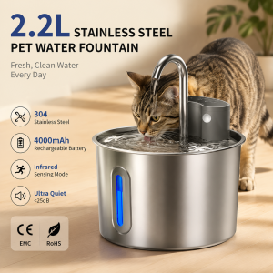 Cat Water Fountain Wireless Stainless Steel 4000mAh Rechargeable Battery Operated 2.2L Automatic Cordless Pet Dispenser for Dog