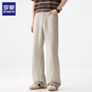 ROMON | Linen-blend Casual Pants Men Slim Flare Wide Leg