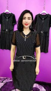 Pendant V Neck Vertical Bar Dress Womens Summer Patchwork Mesh Short Sleeve Stretch Mid Length Slim Looking Anti-Aging Dress