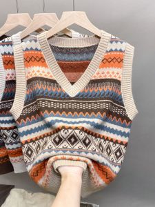 เสื้อกั๊กถักคอวีแขนกุดสำหรับผู้หญิง เสื้อคลุมกันหนาวแบบย้อนยุค ผ้าขนแกะ ทรงปกติ แขนยาว ปกติ แขนยาว ปกติ