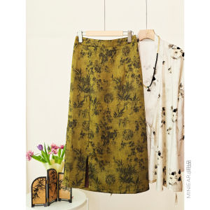 XIAOER | Ink Wash Painting & Bamboo Leaf Scrolls Mid-calf Skirt