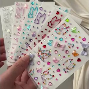 1/6Pcs 3D Butterfly Bow Face Diamond Stickers Round Love Heart Crystal Tattoo Decals DIY Eye Body Festival Makeup Gem Decoration