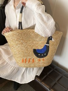Large Capacity Straw Woven Handbag Womens 2025 New Hand Embroidered Basket Style Beach Holiday Beach Bag Fashion Trend Soft Handle