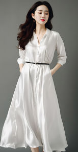 Spring 2025 Womens Fashionable White Shirt Dress Commute High-End Feeling Ladies Clothes A-Line Skirt Pure Color Long Sleeve