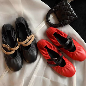 Leather Version round Head Mary Jane Womens Flats Ballet Style Slip-On Shoes Casual One-Strap Closure Soft Leather Inner