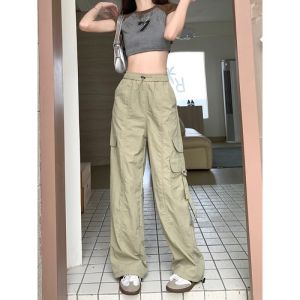 American Quick-Drying Cargo Pants Womens Summer Thin Loose Tappered Straight Wide Leg Climbing Pants Ice Silk Parachute Pants