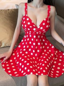 Đầm Hở Vai Cổ Chữ V Gợi Cảm Mùa Hè Cho Phụ Nữ Ngoại Cỡ Cỡ Lớn Đính Nơ Bướm Váy Ngắn Không Tay in Họa Tiết Chấm Bi