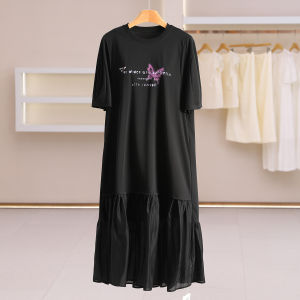 Loose Round Neck Dress with Butterfly and Letter Print