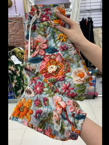 Summer Thin Ice Silk Printed Casual Sports PantsLoose Flattering Nine Divided Harlon Pants Tied Flowers Womens Shorts