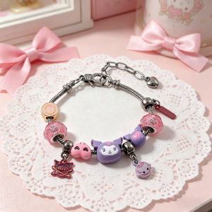 Sanrio | Cute Kuromi Charm DIY Beads Bracelet Zinc Alloy with Pink Glitter Beads & Enamel Charms Adjustable Chain for Fans
