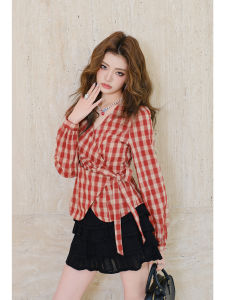 Red Check Cross V-Neck Sash Waist Long Sleeve Shirt
