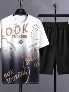 Mens Summer Ice Silk Casual Sportswear Short Sleeve T-Shirt And Shorts Two-Piece Set Fashionable Gradient Color Slim Fit Youth Trend