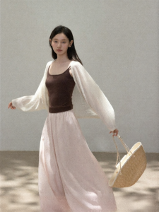 Cantonstory | Laid-back Beige Bat-wing Long Sleeve Lightweight Knitted Cardigan Summer