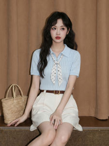ZISUO | Tencel Blue Knit T-Shirt Silk Band Collar