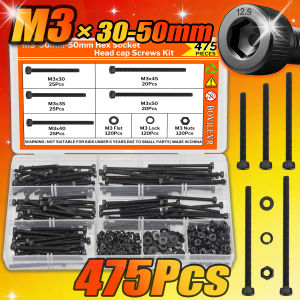 475Pcs 12.9 Grade Allen Socket Head Cap Screws Kit M3 Fully Threaded Long Bolts 30-50mm Alloy Steel Metric Fasteners with Nuts