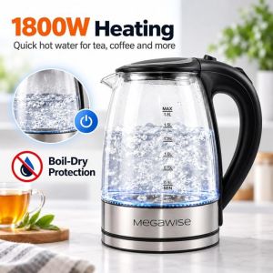 MEGAWISE 1.8L Electric Glass Kettle with Auto Shut-Off and Blue LED